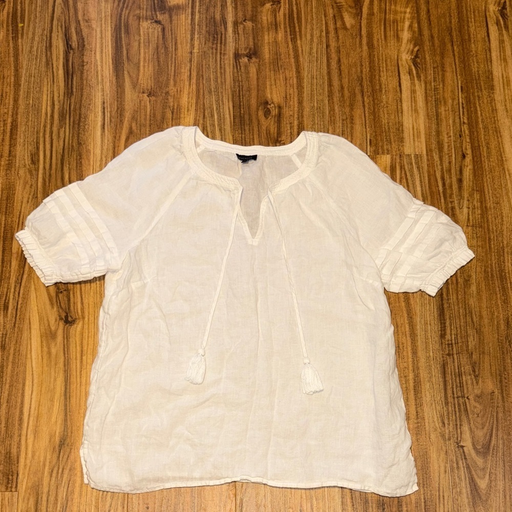 Talbots womens large blouse white linen split v neck boho beach linen tassel tie